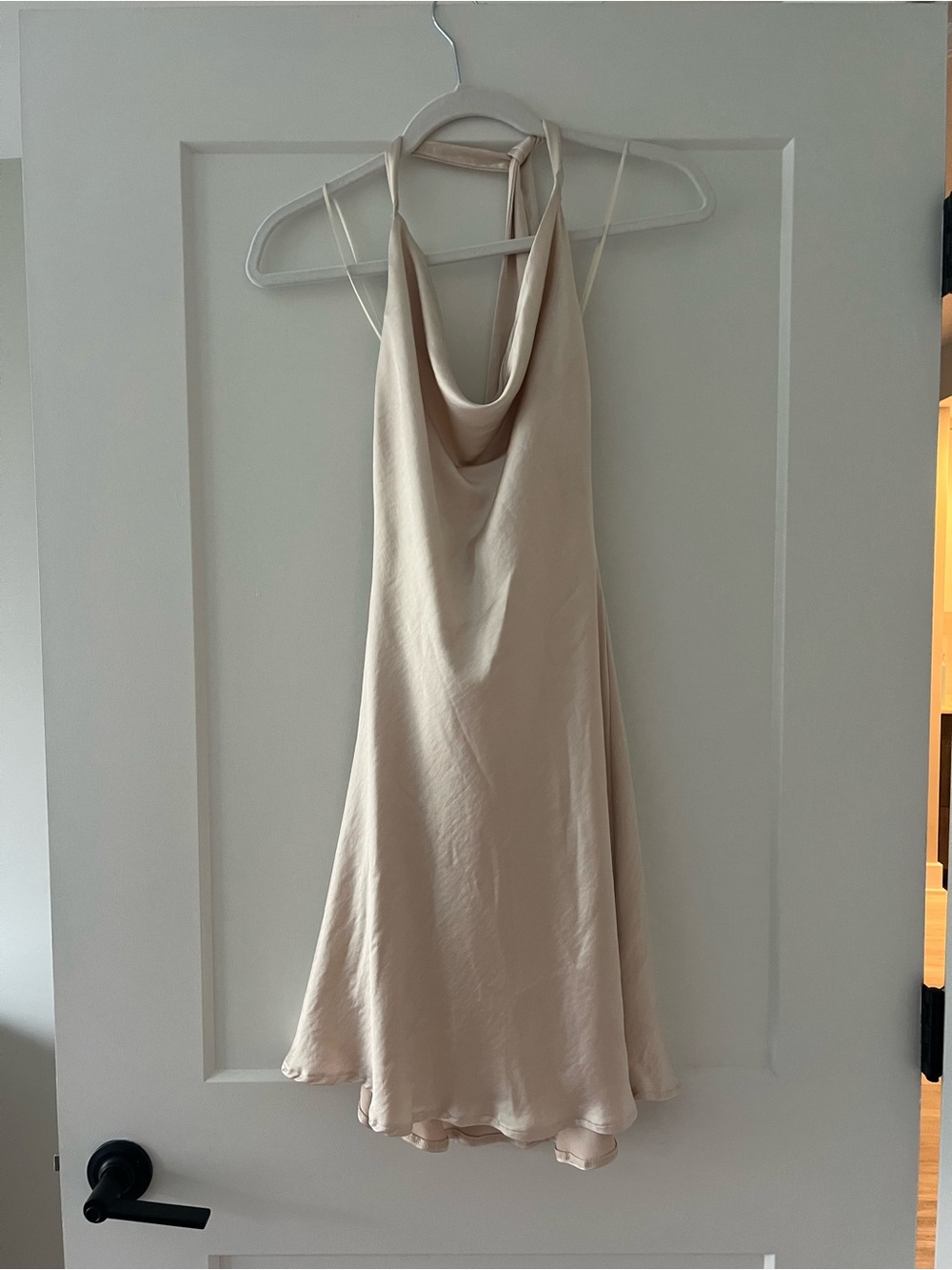 Cream Shiny Tie Neck Mini Dress